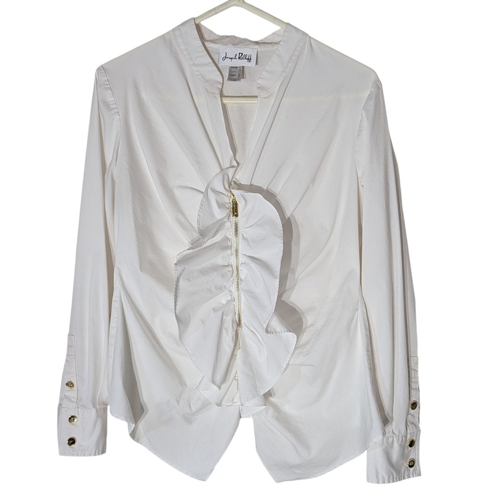 Joseph Ribkoff Ruffle Blouse Shirt with Gold Zipper and‎ Buttons Womens Fourteen